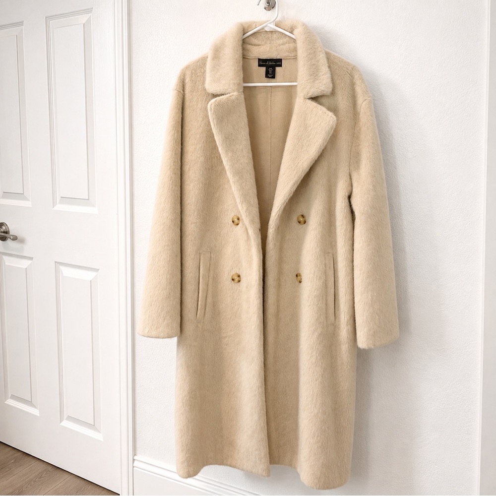 House of Harlow Cream Double-Breasted Faux Fur Coat